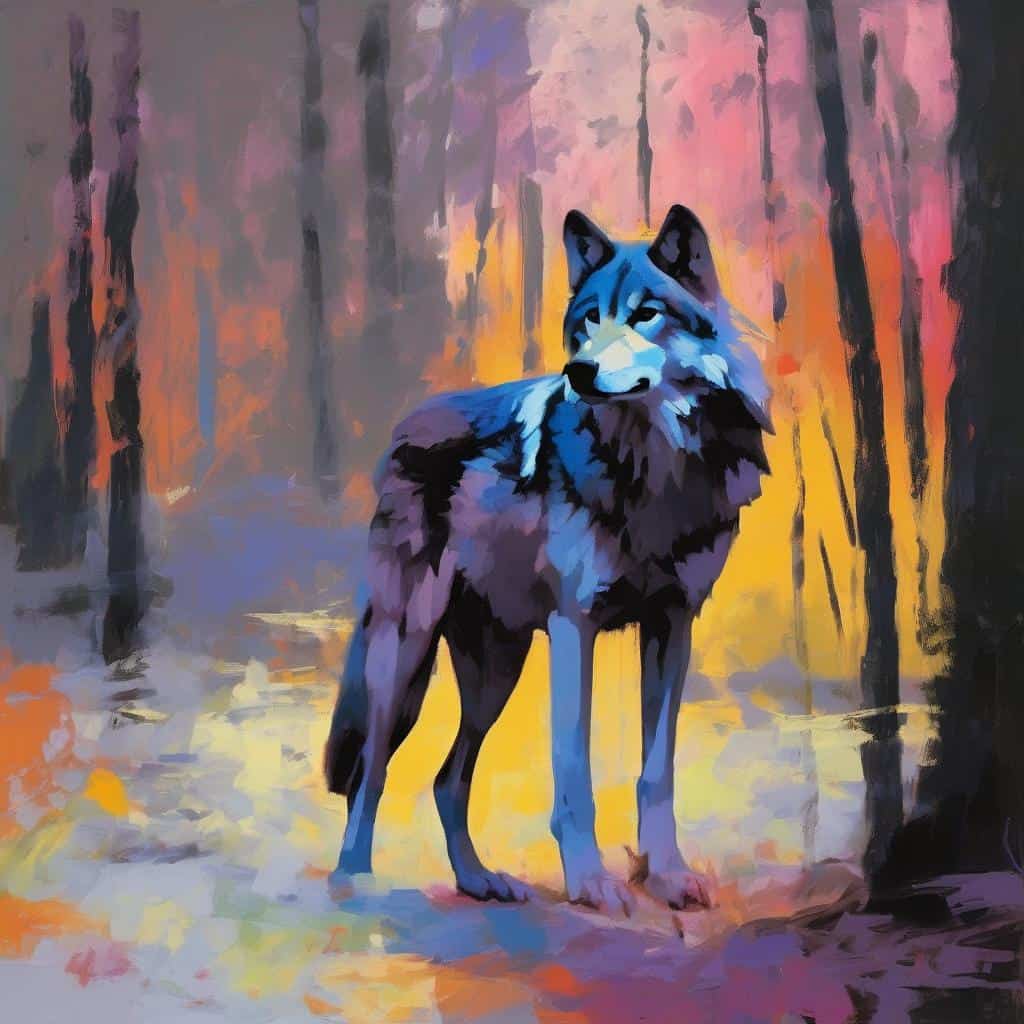 Άγριος λύκος σε μυστηριώδες δάσος, αποτύπωση της ψυχής και της εσωτερικής δύναμης, τέχνη και φύση.