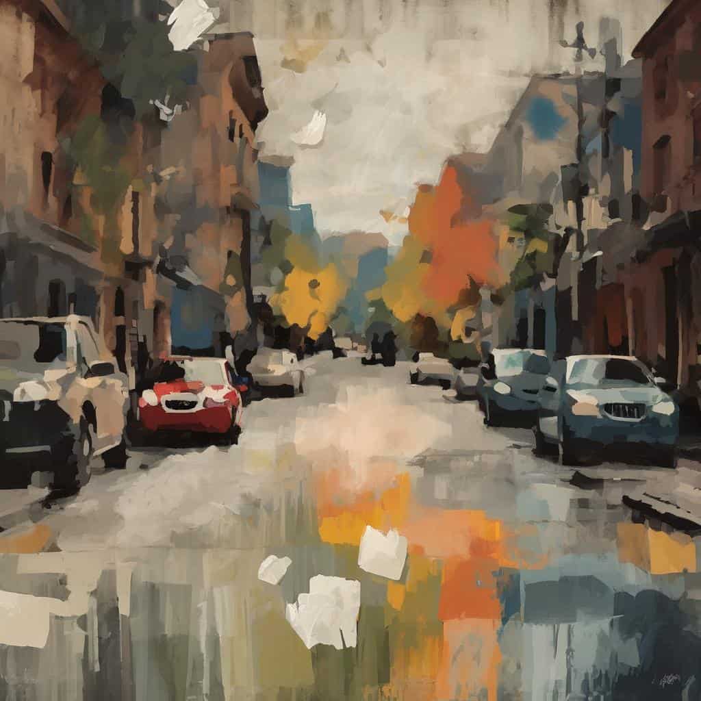 Σιωπηλή αστική εικόνα με ζωντανά χρώματα και αντικατοπτρισμό στο νερό.