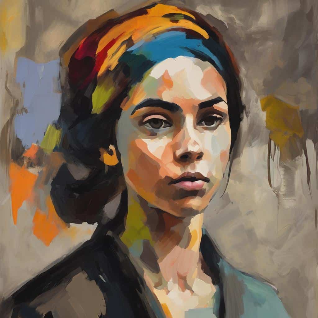 Ζωντανό πορτρέτο γυναίκας με έντονες εκφράσεις και πολυχρωμία, αναπαράσταση της εσωτερικής ψυχής και προσωπικότητας.