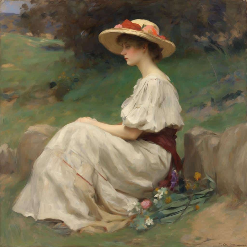 Εικόνα γυναικείας μορφής σε φυσικό τοπίο με καπέλο και λευκή φορεσιά, αναδεικνύει την ψυχή και την εσωτερική ομορφιά.