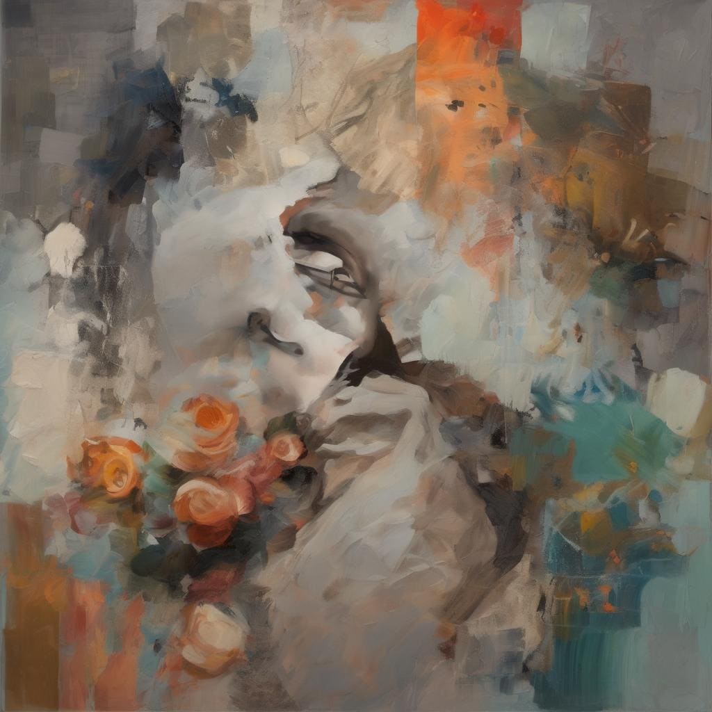 Ανθρώπινο πορτραίτο με αφηρημένες πινελιές και ανθοστόλιστο θέμα, εστιάζοντας στην εσωτερική ομορφιά και ψυχική έκφραση.